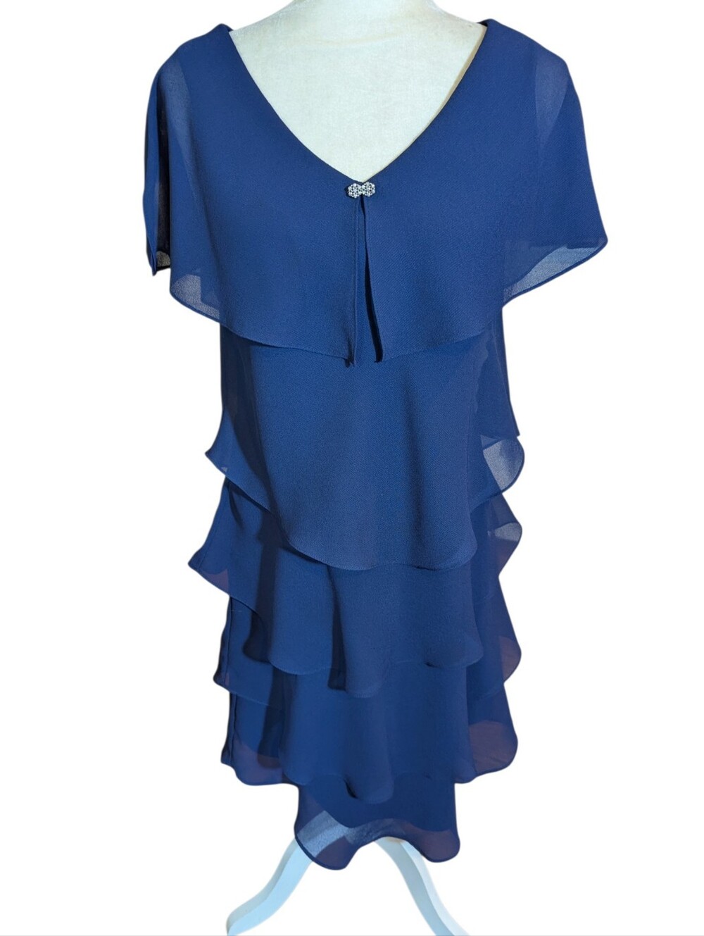 Party Chiffon Flowy Elegant Wedding Guest Blue Layered Ruffle V-Neck Dress Sz 8p